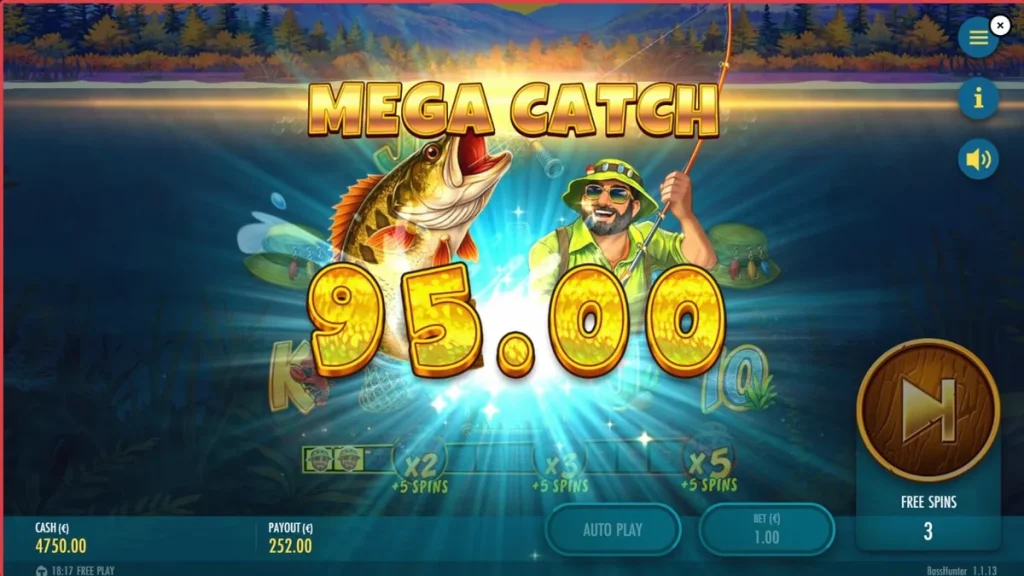 Cenário de lago nórdico com interface do slot Bass Hunter da Thunderkick