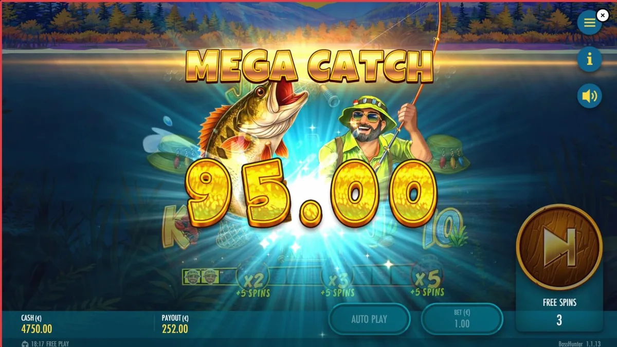 Cenário de lago nórdico com interface do slot Bass Hunter da Thunderkick