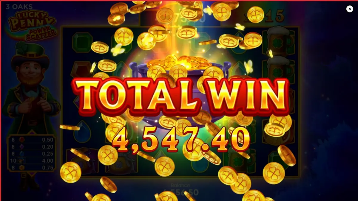 Um leprechaun sorridente em uma floresta verde exuberante, com moedas de ouro e símbolos de slot como ferraduras e trevos, representando o jogo Lucky Penny Power Scatter.