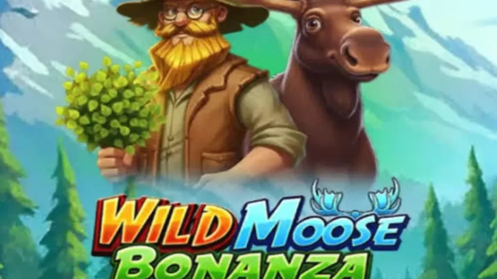 Cenário de floresta selvagem com elementos de aventura e o logo do jogo Wild Moose Bonanza
